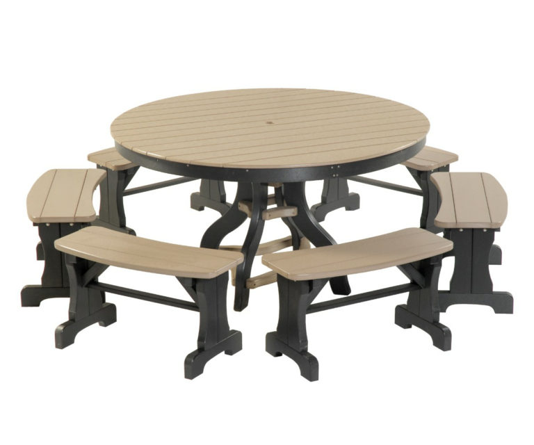 Round Patio Set with Benches (Weatherwood & Black) Coastal Fine Furniture